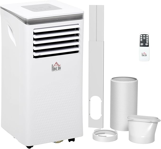HOMCOM 8000 BTU Portable Air Conditioner for Rooms Uo to 344 Sq.Ft., 4-in-1 Mobile AC Unit with Dehumidifier, Cooling Fan, Sleep Mode, Remote, 24H Timer, Window Installation Kit, White
