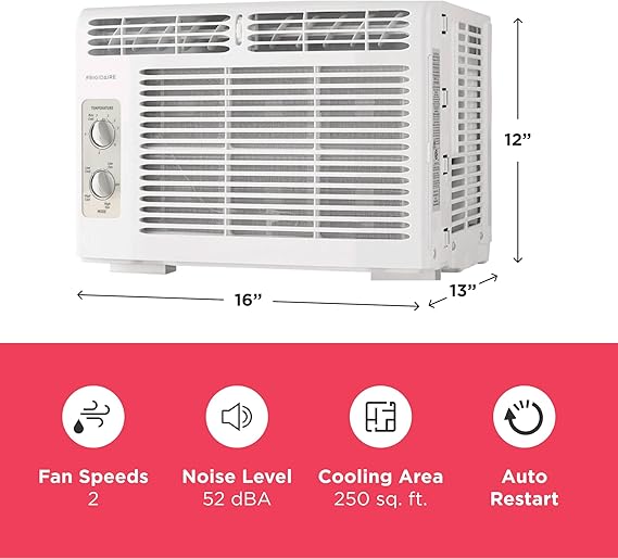 Frigidaire 5,000 BTU Window-Mounted Air Conditioner, Cools Up to 250 Sq. Ft., Quiet Operation, Effortless Temperature Control, 2 Fan Speeds, Auto Restart, White