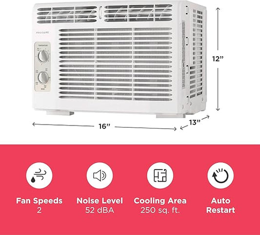 Frigidaire 5,000 BTU Window-Mounted Air Conditioner, Cools Up to 250 Sq. Ft., Quiet Operation, Effortless Temperature Control, 2 Fan Speeds, Auto Restart, White